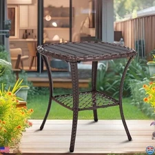 Chic Brown Wicker Rattan Side Table – Compact Outdoor End Table with Durable Top