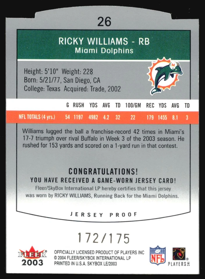 2003 Skybox LE Jersey Proof RICKY WILLIAMS Die-Cut Patch Relic /175 #26 - Image 2 of 2