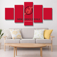NHL Hockey New Jersey Devils Sports Team Red Logo 5 Piece Panel Canvas Wall Art