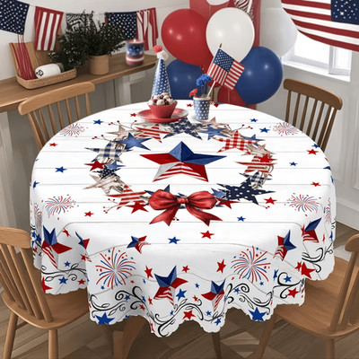 Patriotic Star & Firework Round Tablecloth 4th of July Polyester Party Decor
