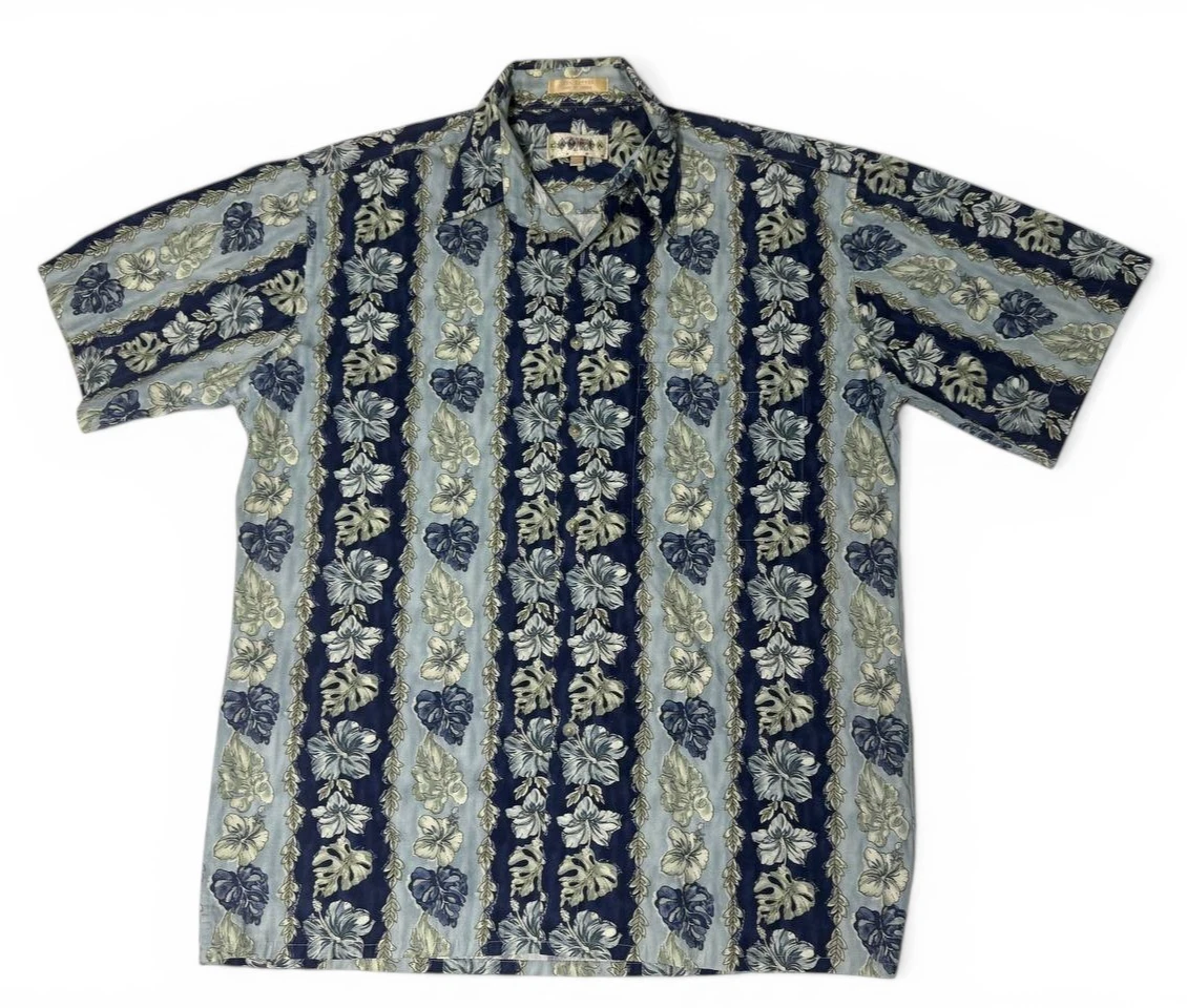 Campia Moda Hawaiian Shirt Mens Medium Blue Floral Short Sleeve Button Up