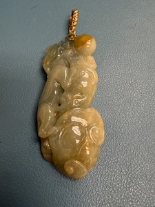 3.4" Chinese 14K Yellow Gold, Carved Burnt Orange & Gray JADEITE Jade Pendant