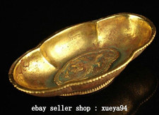 5" Antique Old Tang Dynasty Bronze Gold Gilt Dragon Fish Bowl Bowls Wine Vessel