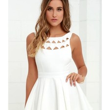 Lulus White Cutout Neckline Fit and Flare Skater Dress Sleeveless Mini V-Back