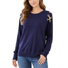 Michael Kors Womens Navy Sweatshirt Large Gold Anchor Grommet Shoulder Knit Top