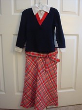 Stretchini of Bobbie Brooks Vintage Dark Blue Top with Red Pattern Skirt, Belt