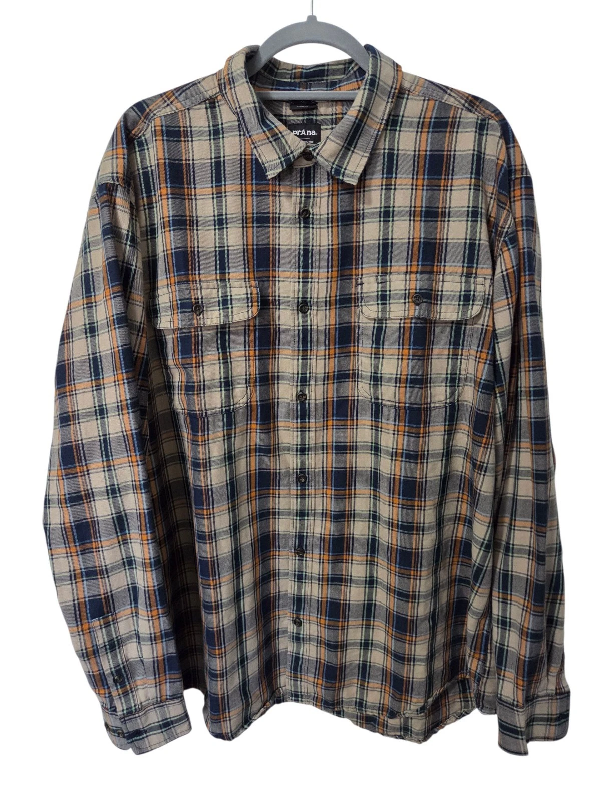 prAna EDGEWATER Flannel Long Sleeve Shirt Pecan Brown Plaid Sustainable XXL