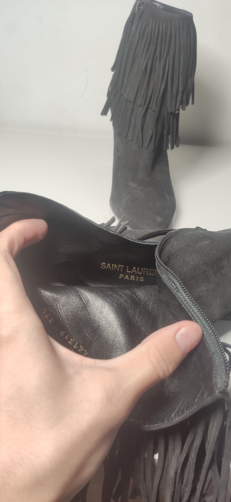 Stivaletti Saint Laurent ""Lily"" pelle scamosciata tacco a frangia 37 1 2