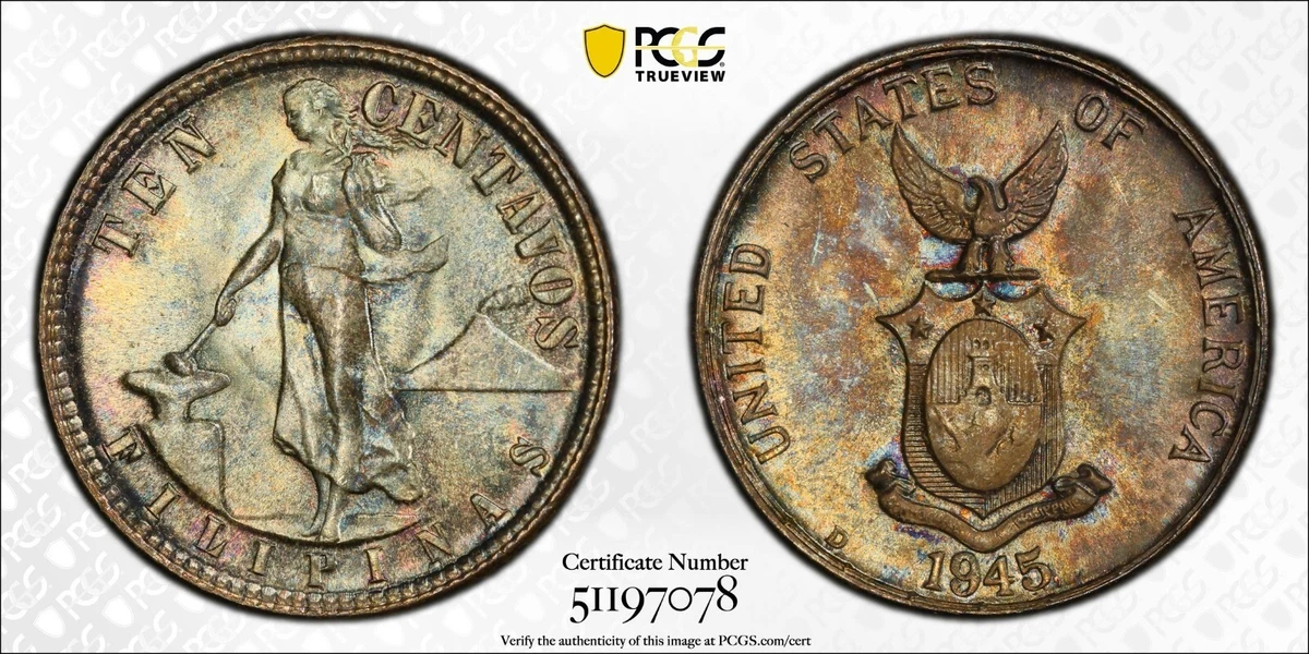 1945年、1944年 コインブレスレット Dマーク 10センタボ フィリピン