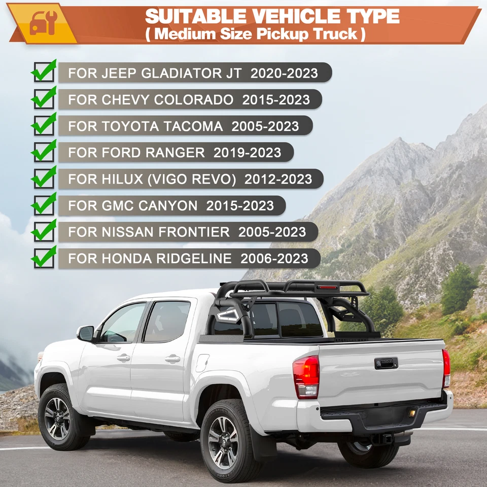 For Toyota Tacoma/ Jeep JT/ GMC Canyon/Ford Ranger Truck Bed Roll Bar Chase Rack Foto 4 de 4