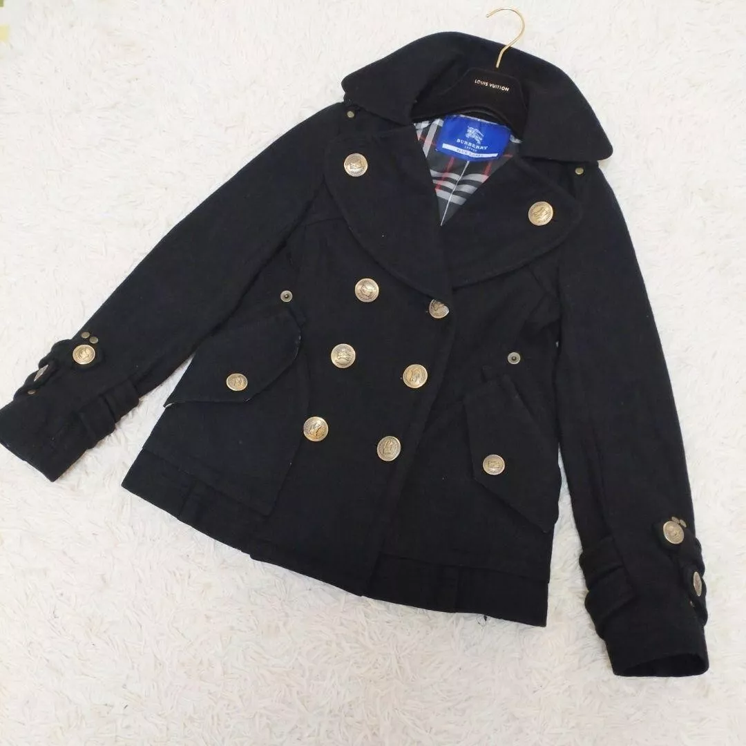 Burberry Blue Label Wool Nylon Pea Coat Gold Button Nova Check