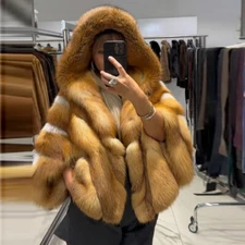 Womens Full Pelt Natural 100% Real Red Fox Fur Coat Hooded Jacket Warm Overcoat