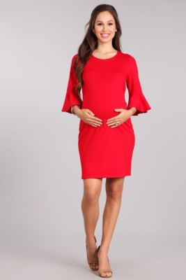 maternity photoshoot bodycon dress Momyknows Pit Strip Back Belted Round Neck Flare Sleeve Bodycon Photoshoot Baby Shower Maternity Maxi Sweater Dress Coffee / S
