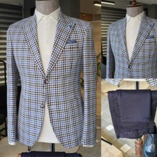 Blue Men's Plaid Suit Peak Lapel Single Breasted 2 Buttons Jacket Regular Fit