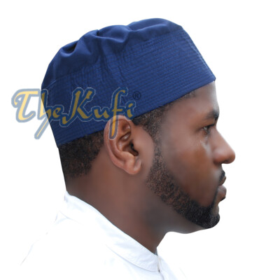 Islamic Kufi Prayer Cap Plain Royal Blue Pleated-top Cotton Blend Fabric for Eid