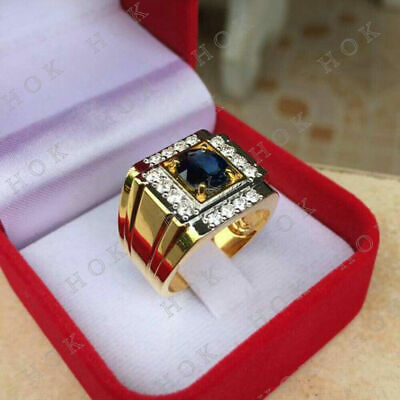 2Ct Bezel 3-Stone Sapphire & Diamond Mens Wedding Band Ring 14k Yellow Gold Over