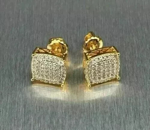 Men's 14K Gold Plated Moissanite Stud Earrings 2 Ct Round Cut Silver