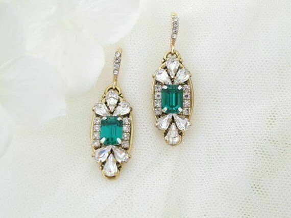 Серьги-капли из белого золота 14 карат с фианитами изумруд и грушевидная огранка 3,70 карата созданные в лаборатории - Изображение 2 из 4