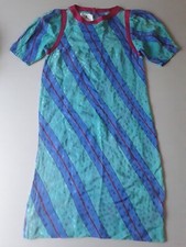 Vtg 80s Flora Kung 100 Silk Shift Dress Size 6 Teal Striped Polka Dot Korea