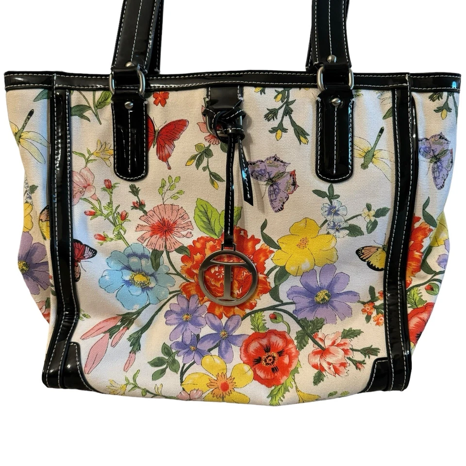Talbots цветочный холст сумка с короткими ручками наплечная сумка черный патент отделки бабочки цветной - Изображение 2 из 4