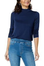 G by Giuliana Women's Lettuce-Edged Mock Neck Top Navy