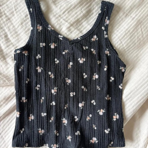 Brandy Melville Black Floral Ribbed Tank Top