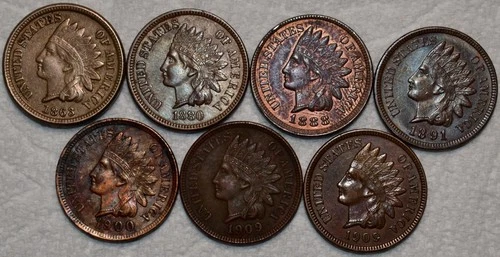7x About Uncirculated Indian Head Cent, 1863, 1880, 1888, 1891, 1900, & 2x 1909