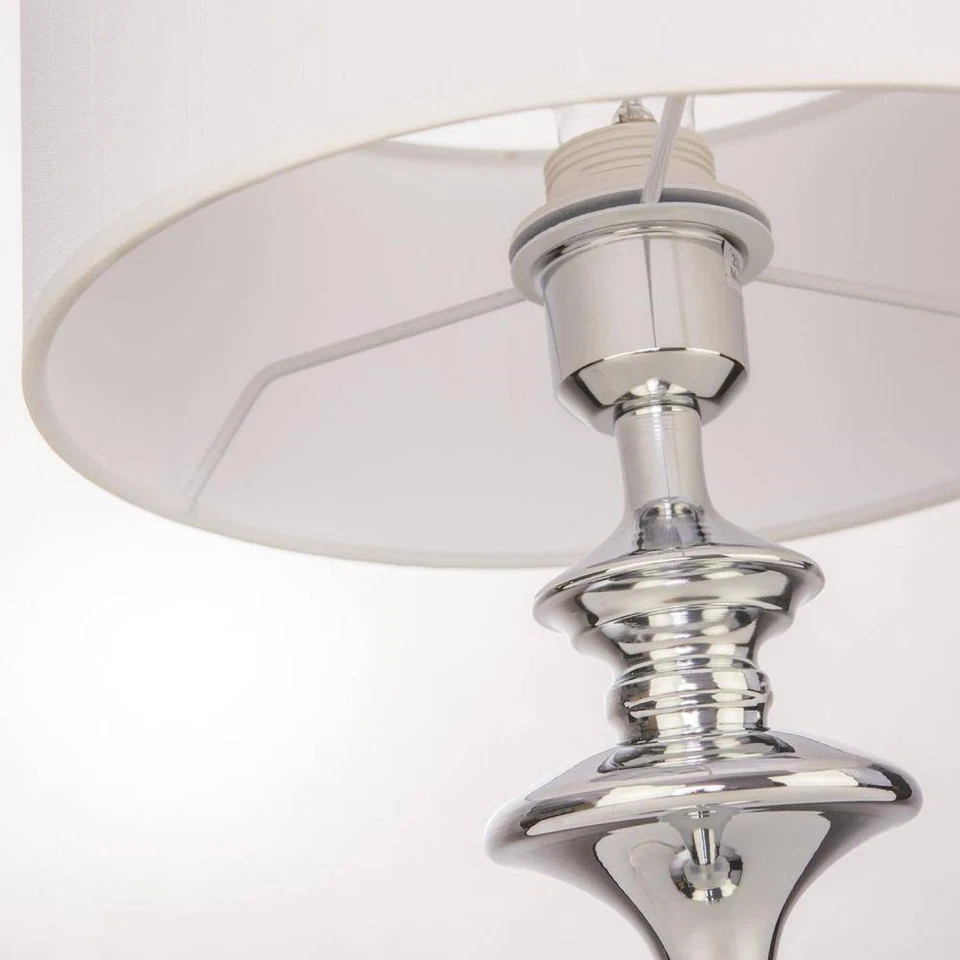 Tischlampe Metall Stoff E27 40 cm hoch Chrom Weiß Tischleuchte Beistelllampe - Bild 3 von 4
