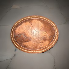 Vntg 1980s EUC Hand Tooled Leather Flying Eagle Belt Buckle, Brown Toned, 4  x3  