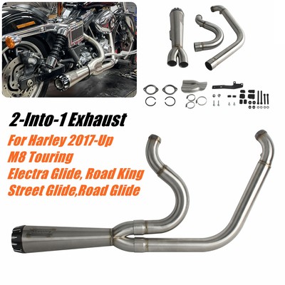 Silver 2-into-1 Full Exhaust System Muffler w/ End Cap For Harley Touring 17-25