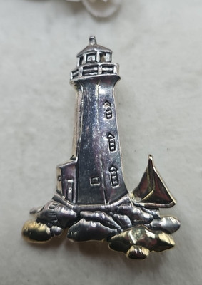 Vintage Lighthouse Pendant Gold Silver Tone  Brooch Pin Beach Ocean Summer