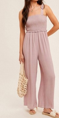 Hem & Thread Smocked Wide Leg Flowy Jumpsuit Size S