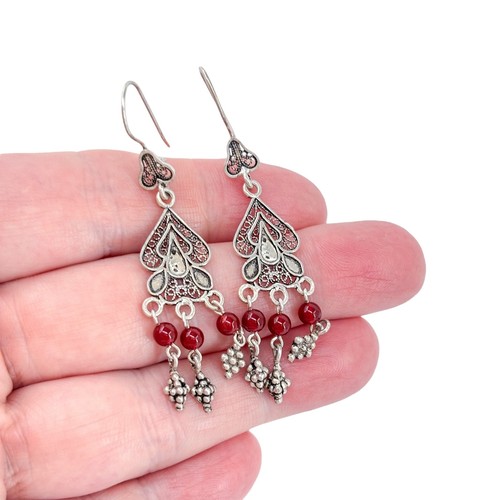 Vintage Sterling Silver 925  Carnelian Chandelier Dangle Earrings