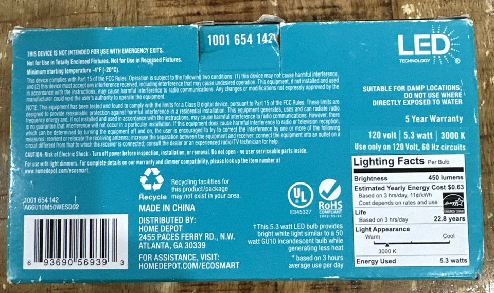 3 Pk EcoSmart 50 W / 5.3 W - Bright White Bulbs - 2 Pin GU10 - Dimmable - Image 3 of 4