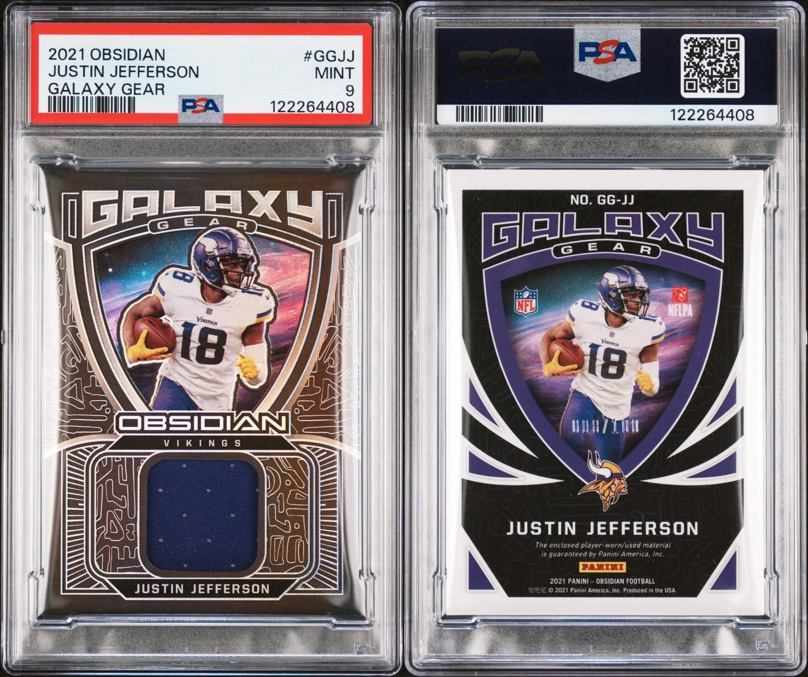 2021 Obsidian Justin Jefferson Galaxy Gear #GGJ J 08/100 GAME WORN PSA 9 view 3
