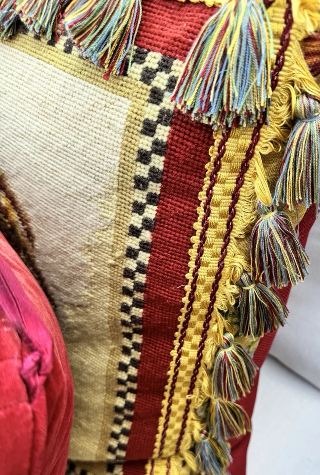 Handmade Wool Needlepoint Rooster Pillow SET (2) Tassels Down Feather Red - Image 4 of 4