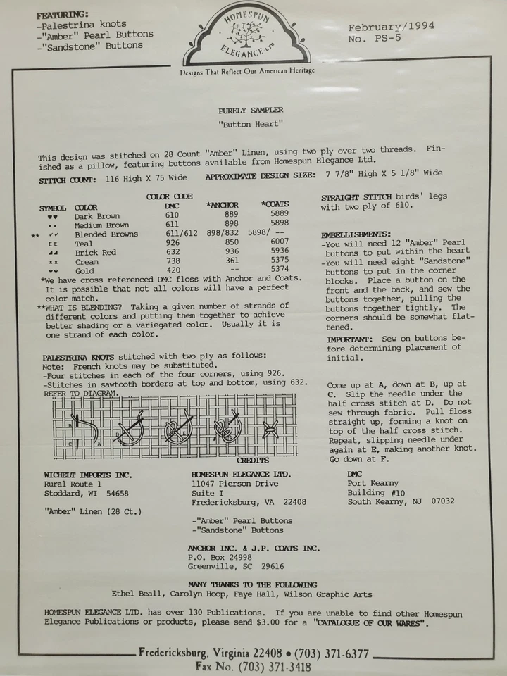 Homespun Elegance Counted Cross Stitch BUTTON HEART SAMPLER Chart - Image 3 of 3