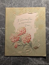 Vintage Grandma Mother’s Day Card Embossed Carnations Die Cut Window 1940s