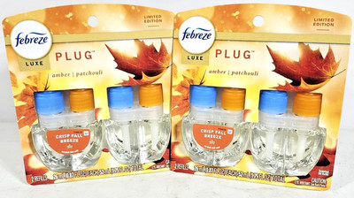 4  FEBREZE LUXE PLUG IN OIL REFILLS CRISP FALL BREEZE AMBER PATCHOULI LIMITED ED