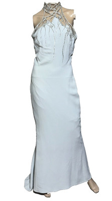 Elie Saab Pale Blue Green Bead Embroidered Long Maxi Gown Dress US 10 12 / FR 44