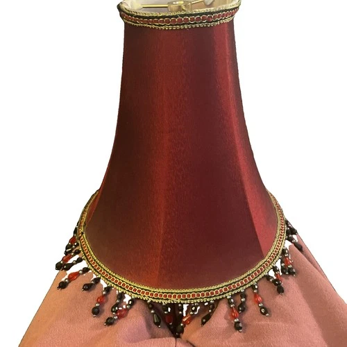 Vintage Victorian Red Fabric Lamp Shade W/ Gold Filigree Pattern & Beaded Fringe