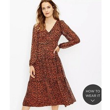 Loft Leopard Print Tiered V-Neck Midi Dress Long Sleeve 6 Puff Auburn Black