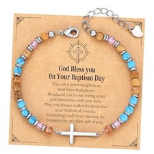Cross Bracelet for Women, Christian god bless you- white gold plated Turquoise