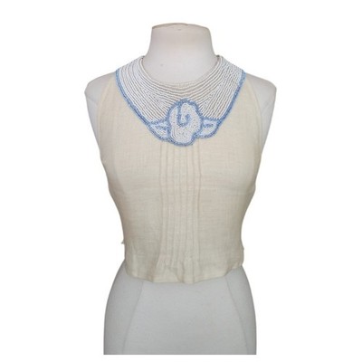 80s Krizia Top Cream Flax Linen Sleeveless Beaded Blue Rose Peter Pan Collar