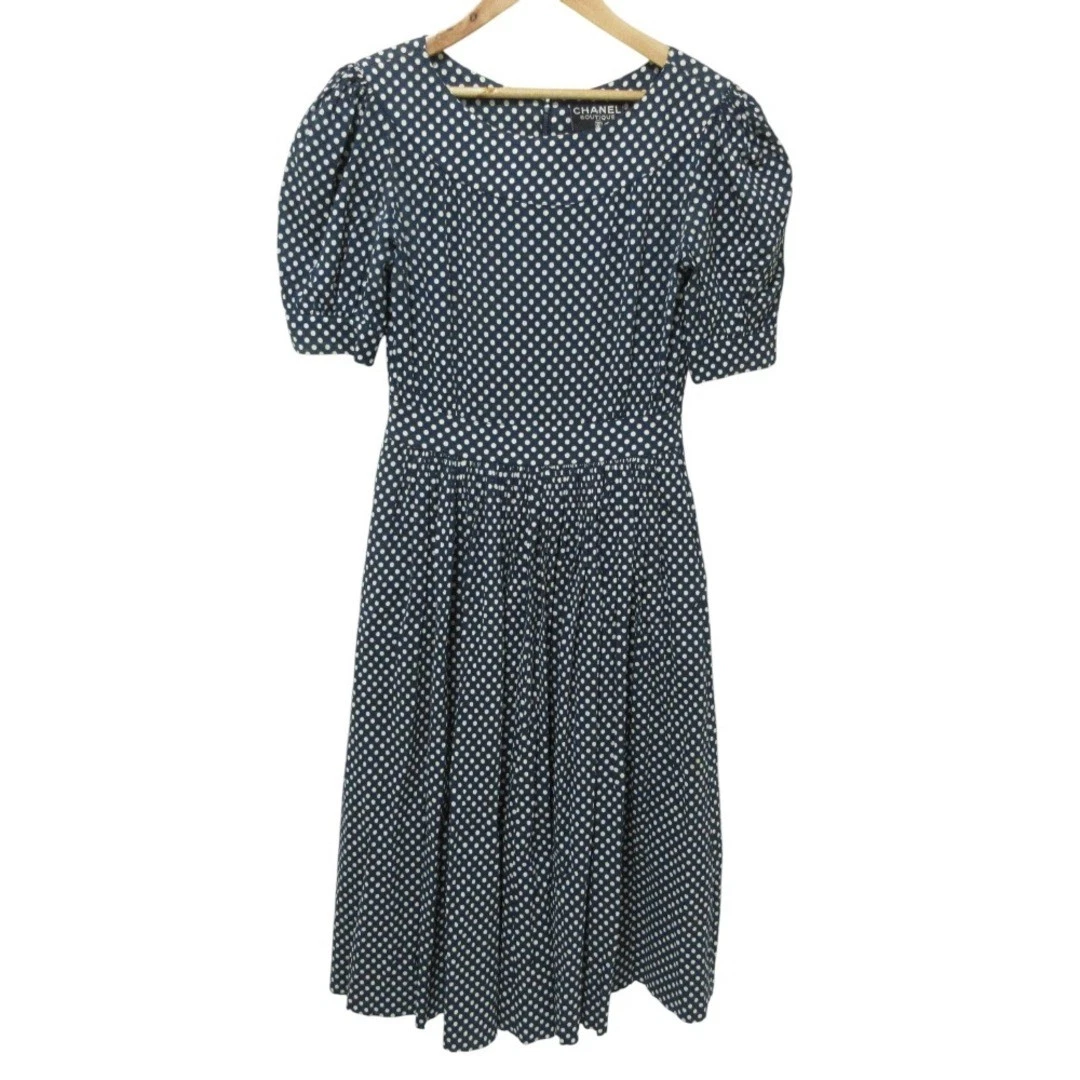 Abito donna Chanel pulito manica a sbuffo fantasia punti corti blu navy