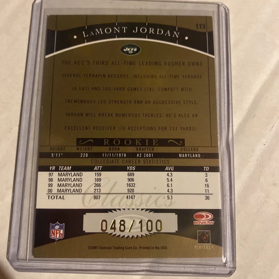 2001 Donruss Classics Timeless Tributes /100 LaMont Jordan #113 Rookie RC - Image 2 of 2