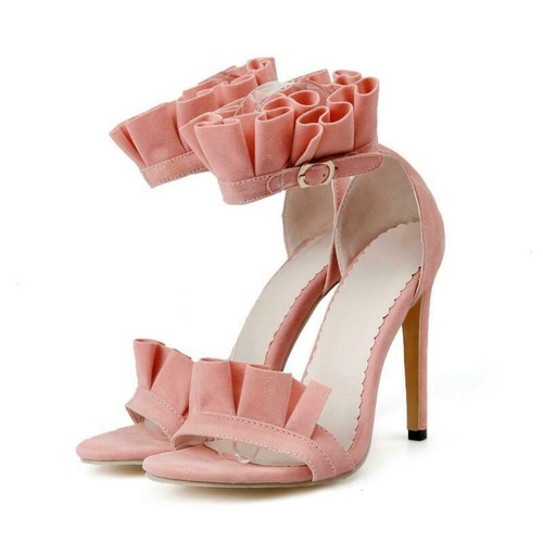 Blumenmuster Damen Wildleder Schnalle Riemen Sandalen Stilettos Absatz Schuhe College süß OL - Bild 5 von 16