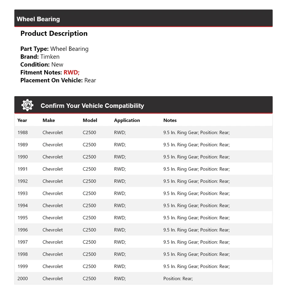 Cojinete de rueda trasero Timken 1989 1990 1991 1992 para Chevrolet C2500 1988-2000 tracción trasera Foto 2 de 4