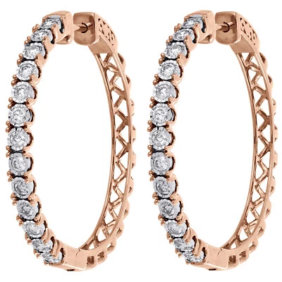 10K Roségold Echter Diamant Einreihig Fassung 1,35" Creolen Huggie Ohrringe 1 CT - Bild 1 von 4