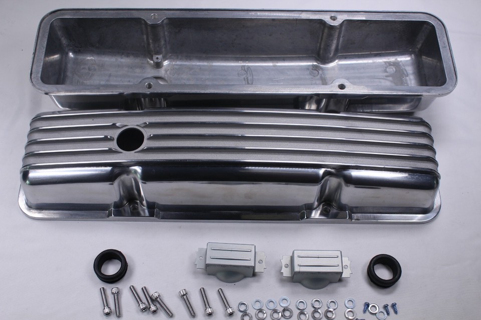SBC Chevy Polished Finned Valve Covers + Breather PCV +Gaskets + 12
